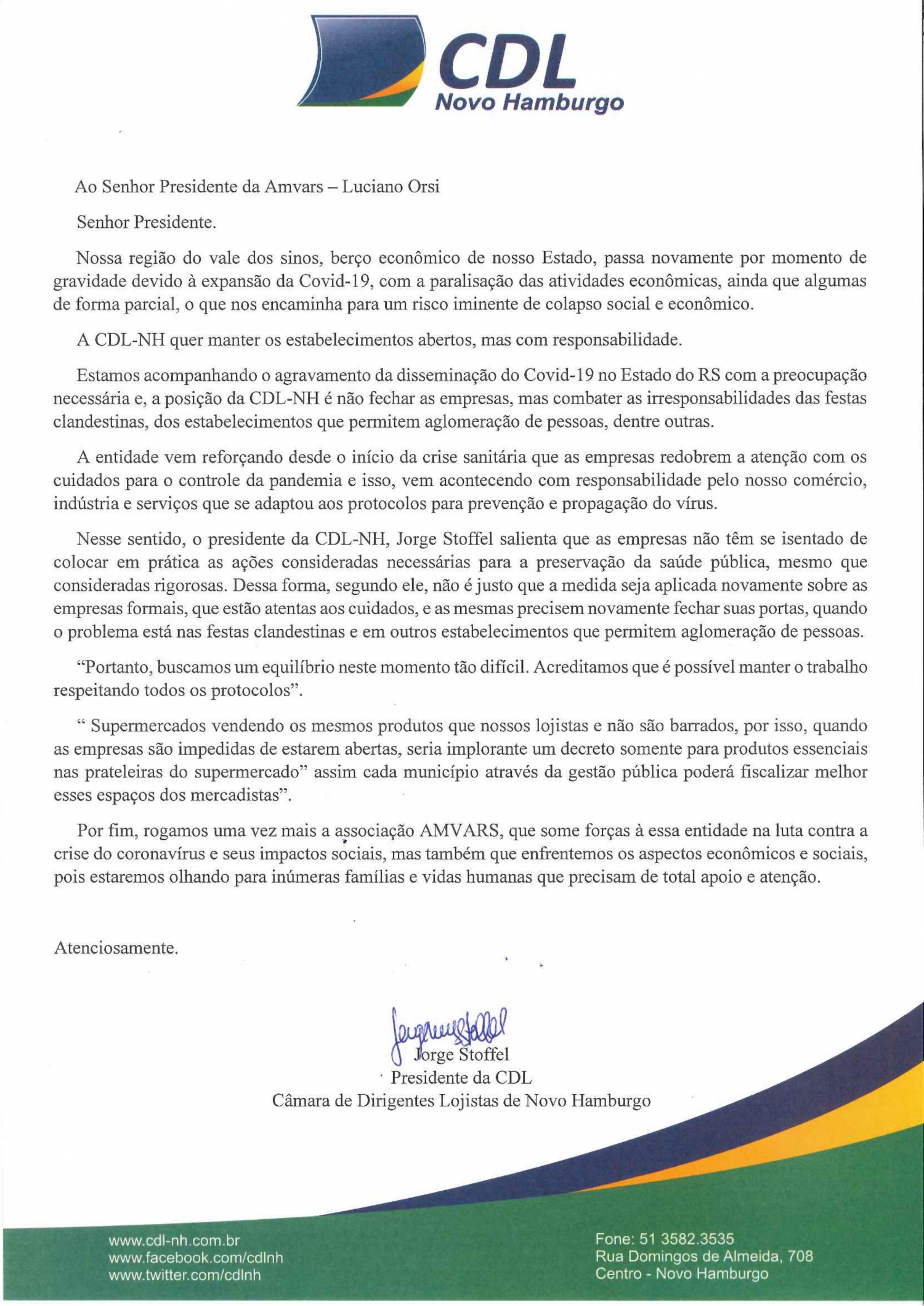 CDL NH solicita através de ofício ao Governador do Estado, Amvars e Vereadores de Novo Hamburgo, continuidade das atividades econômicas.